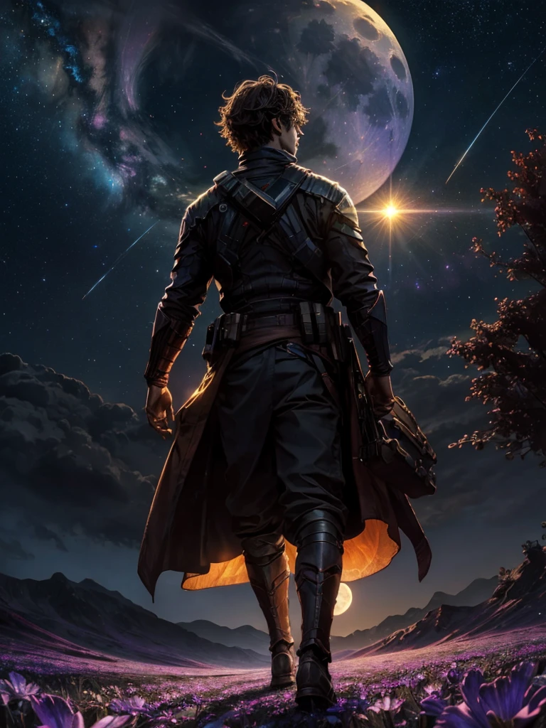 expansive landscape photograph , (a view from below that shows sky above and open field below), a man standing on flower field looking up, (full moon:1.2), ( shooting stars:0.9), (nebula:1.3), distant mountain, tree BREAK
production art, (warm light source:1.2), (Firefly:1.2), lamp, lot of purple and orange, intricate details, volumetric lighting BREAK
(masterpiece:1.2), (best quality), 4k, ultra-detailed, (dynamic composition:1.4), highly detailed, colorful details,( iridescent colors:1.2), (glowing lighting, atmospheric lighting), dreamy, magical, (solo:1.2)