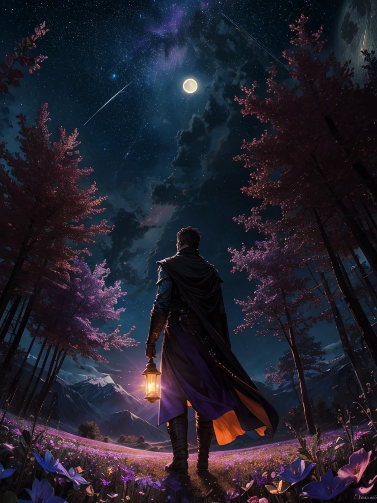 expansive landscape photograph , (a view from below that shows sky above and open field below), a man standing on flower field looking up, (full moon:1.2), ( shooting stars:0.9), (nebula:1.3), distant mountain, tree BREAK
production art, (warm light source:1.2), (Firefly:1.2), lamp, lot of purple and orange, intricate details, volumetric lighting BREAK
(masterpiece:1.2), (best quality), 4k, ultra-detailed, (dynamic composition:1.4), highly detailed, colorful details,( iridescent colors:1.2), (glowing lighting, atmospheric lighting), dreamy, magical, (solo:1.2)