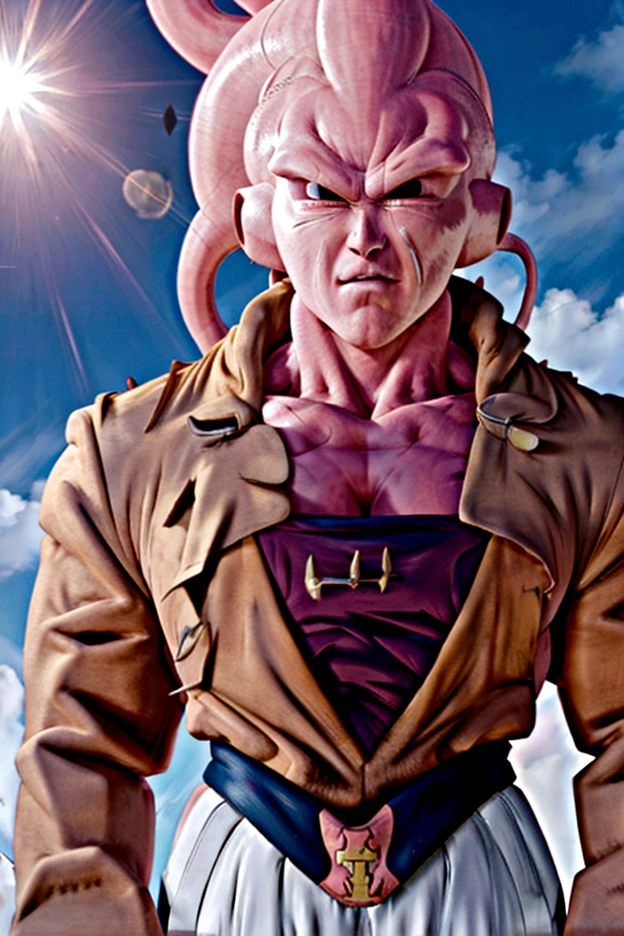 Majin Buu, (((gotenks coat))),(((no nose)))braceletes do super buu,pelle rosa,pink skinned adult, wearing no shirt, demon, White pants, majin buu belt with m , ultra realistic. 