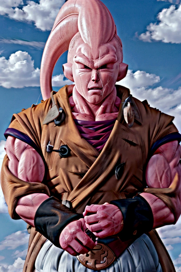 Majin Buu, (((gotenks coat))),(((no nose)))braceletes do super buu,pelle rosa,pink skinned adult, wearing no shirt, demon, White pants, majin buu belt with m , ultra realistic. 