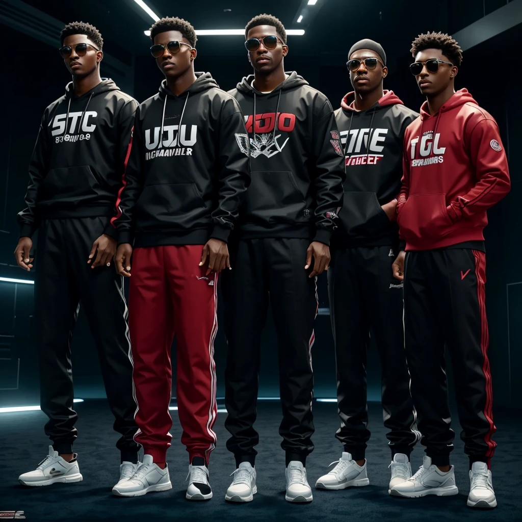 imagine an ultra realistic cinematic cartoon in HD, cartoon style. Of a group of 5 rich black men, , the whole body including the feet should be visible, they should be holding a lot of money in their hands, wearing hip hop clothes like rappers, sunglasses on their faces and luxury cars in the background. please, ultra detailed, no deformations, 4x upscaler