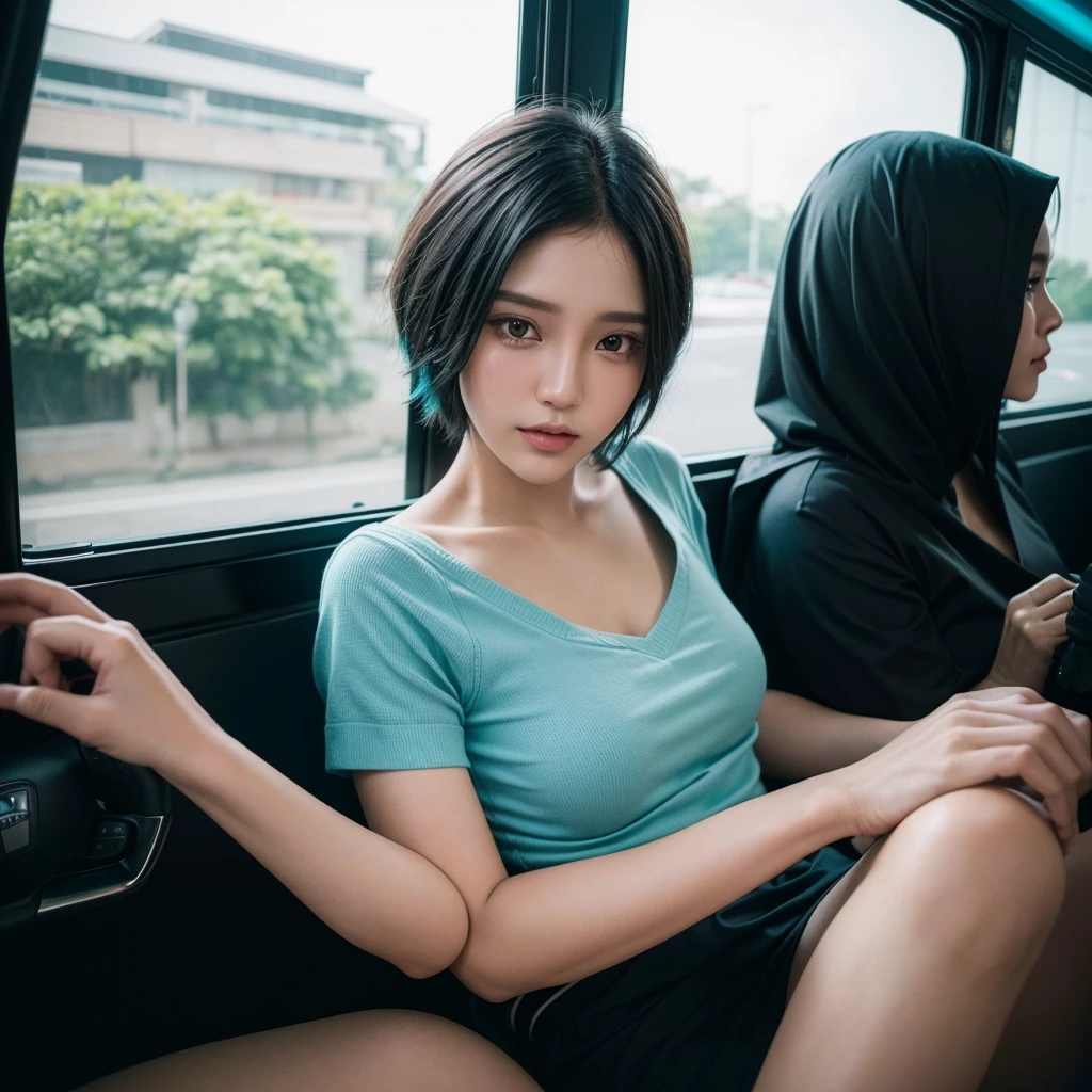 ((High quality, 8k, perfect quality, realistic)), beautiful, ((black and cyan hair color, short hair)), bedroom , selfie, staring out of the bus window, ((Indonesia)), adult, Indonesian region, ((realistic, facial texture))