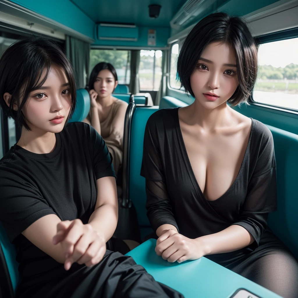 ((High quality, 8k, perfect quality, realistic)), beautiful, ((black and cyan hair color, short hair)), bedroom , selfie, staring out of the bus window, ((Indonesia)), adult, Indonesian region, ((realistic, facial texture)) 