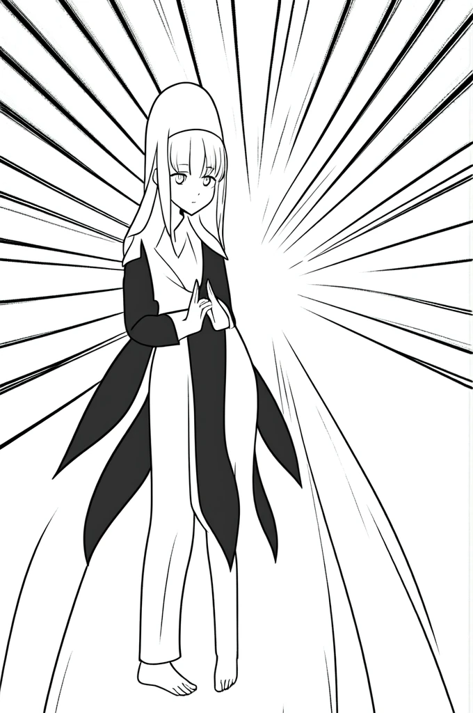 An anime-style lineart image of a standing nun praying with her hands together and bare feet.