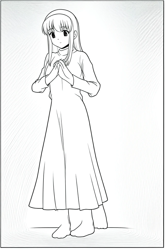 An anime-style lineart image of a standing nun praying with her hands together and bare feet.