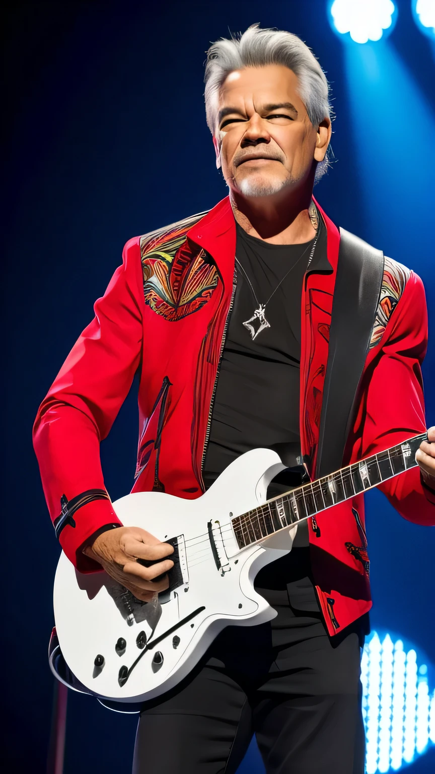 eddie Van halen, ON STAGE PLAYING ELETRIC GUITAR, STAND FULL BODY, red JACKET,WHiTE PENTS, 8k, realista na fisionomia,cabelo tamanha medio na altura do ombro