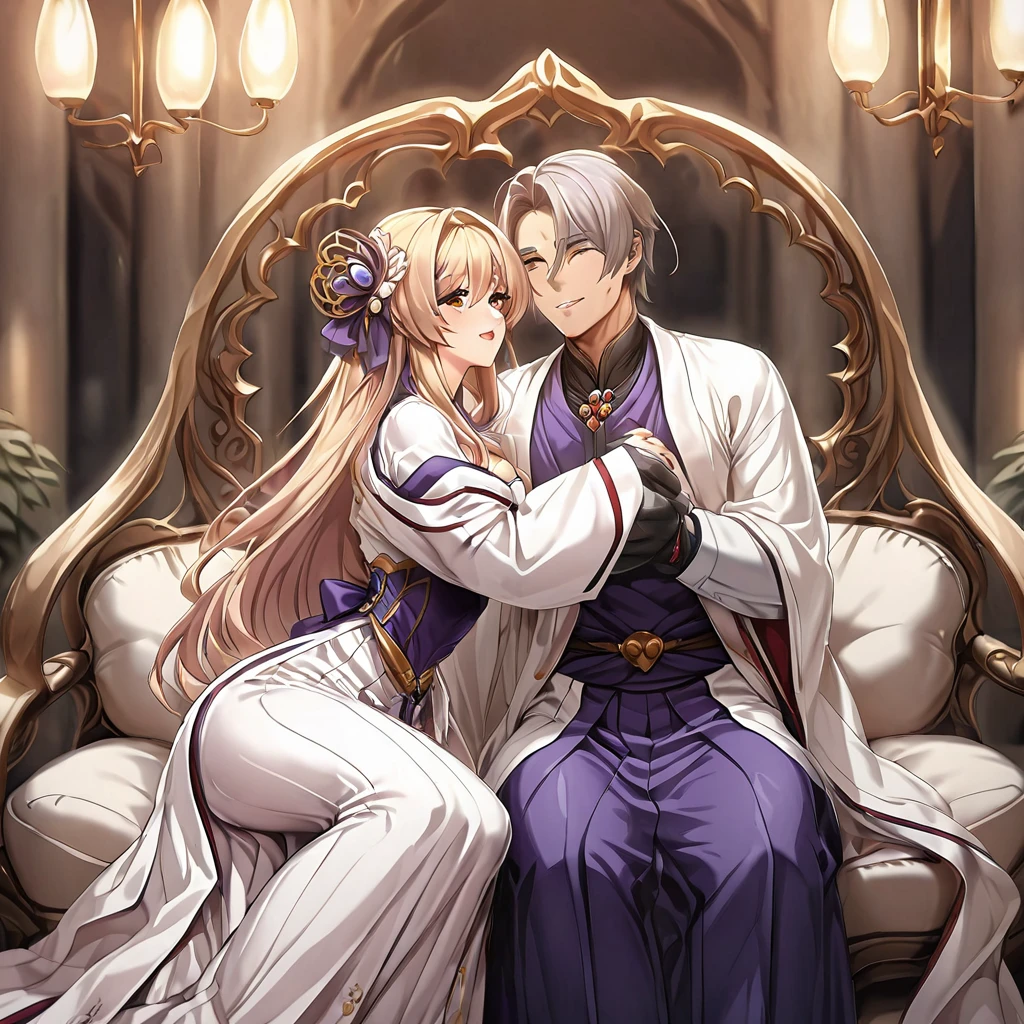 ((Highest quality)), ((masterpiece)), (detailed), （Perfect Face）、The woman is a Korean woman named Marina Katsuragi, and is wearing a gorgeous, dazzling traditional Korean dress called a hanbok (traditional Korean dress), a gorgeous hair ornament, gorgeous jeweled accessories, and an engagement ring in a luxurious Korean mansion. The woman and the man are sitting on a luxurious, large sofa in the luxurious room, and the woman is passionately embracing and passionately kissing the middle-aged Korean man wearing a dignified and sturdy hanbok, making passionate love as husband and wife.、The woman is the elegant Marina Katsuragi, a Korean with brown semi-long hair wearing a traditional Korean dress called a chimachogori.、The man is a dignified, sturdy middle-aged Korean man wearing the traditional Korean dress, Hanbok.