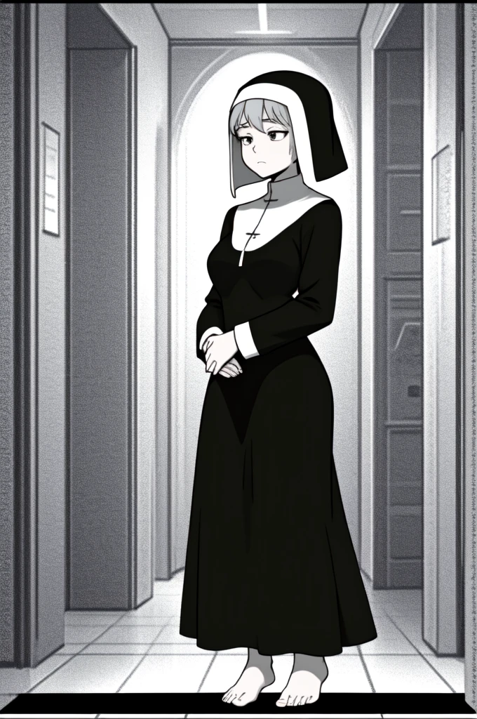 An anime-style lineart image of a standing nun praying with her hands together and bare feet.