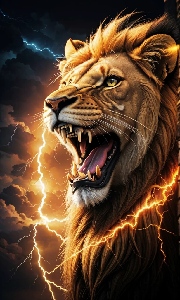 Lion, Divine Lion, naturals, thunder, Realistic Lion, rey, realistic detailed, Sunset light, sky, Sol noturno, realistic detailed 16K, Eletricidade Detalhada 8K, Darkness Background, Texturas realistas de 8K, Cores photorrealistic 8K, fire azul, realistic detailed Fire Bolt, sky Light Detailed, Power of thunder, Realistic Divine, gold color, Divine gold, Golden light, naturey, Linda, Rendering, photorrealistic, UltraHigh definition, 4K, detailed textures, thunder, detailed shadows, detailed colors, neon blue, blue light, lightning strikes, blue power, naturey Linda, Great Divine, peaceful face, naturalss, lightning strike, Electric Power Screw, detailed contrast, realistic contrast, high resolution, detailed colors, fire, villany, divine creature, 8K FullHD, realistic detailed, 16K, 8K, High definition, detailed contrast, realistic contrast, high resolution, detailed colors, fire, villany, divine creature, 8K Realistic Lion Face, realistic detailed, chic, elegance