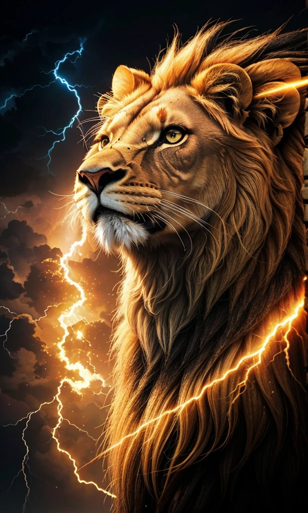 Lion, Divine Lion, naturals, thunder, Realistic Lion, rey, realistic detailed, Sunset light, sky, Sol noturno, realistic detailed 16K, Eletricidade Detalhada 8K, Darkness Background, Texturas realistas de 8K, Cores photorrealistic 8K, fire azul, realistic detailed Fire Bolt, sky Light Detailed, Power of thunder, Realistic Divine, gold color, Divine gold, Golden light, naturey, Linda, Rendering, photorrealistic, UltraHigh definition, 4K, detailed textures, thunder, detailed shadows, detailed colors, neon blue, blue light, lightning strikes, blue power, naturey Linda, Great Divine, peaceful face, naturalss, lightning strike, Electric Power Screw, detailed contrast, realistic contrast, high resolution, detailed colors, fire, villany, divine creature, 8K FullHD, realistic detailed, 16K, 8K, High definition, detailed contrast, realistic contrast, high resolution, detailed colors, fire, villany, divine creature, 8K Realistic Lion Face, realistic detailed, chic, elegance