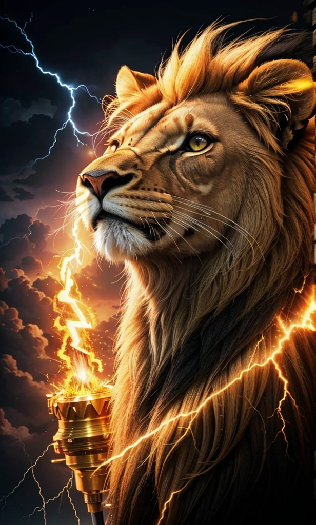 Lion, Divine Lion, naturals, thunder, Realistic Lion, rey, realistic detailed, Sunset light, sky, Sol noturno, realistic detailed 16K, Eletricidade Detalhada 8K, Darkness Background, Texturas realistas de 8K, Cores photorrealistic 8K, fire azul, realistic detailed Fire Bolt, sky Light Detailed, Power of thunder, Realistic Divine, gold color, Divine gold, Golden light, naturey, Linda, Rendering, photorrealistic, UltraHigh definition, 4K, detailed textures, thunder, detailed shadows, detailed colors, neon blue, blue light, lightning strikes, blue power, naturey Linda, Great Divine, peaceful face, naturalss, lightning strike, Electric Power Screw, detailed contrast, realistic contrast, high resolution, detailed colors, fire, villany, divine creature, 8K FullHD, realistic detailed, 16K, 8K, High definition, detailed contrast, realistic contrast, high resolution, detailed colors, fire, villany, divine creature, 8K Realistic Lion Face, realistic detailed, chic, elegance