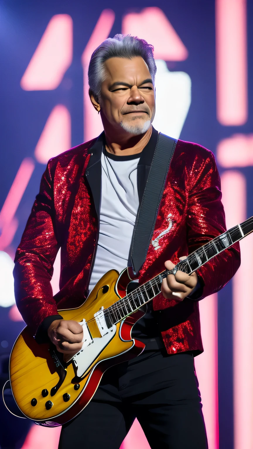 eddie Van halen, ON STAGE PLAYING ELETRIC GUITAR, STAND FULL BODY,  red JACKET,WHiTE PENTS, 8k, realista na fisionomia,cabelo tamanha medio na altura do ombro