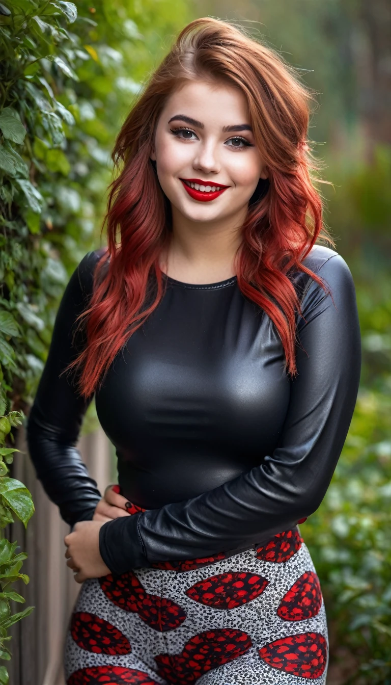 ultrarealistic high quality full body photo of a beautiful super busty slim european 19-year-old woman with cute hyperdetailed shy face and redhead shoulder length messy hair and shy smile, realistic round black eyes, red lips, dark eye makeup with eyeliner, wearing patterned longsleeve and faux leather leggins, hourglass body, tanned, outdoor photography