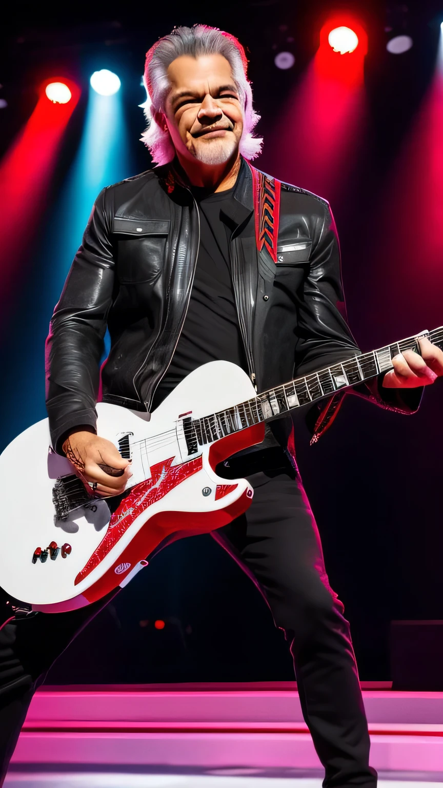 eddie Van halen, ON STAGE PLAYING ELETRIC GUITAR, STAND FULL BODY, red JACKET,WHiTE PENTS, 8k, realista na fisionomia,cabelo tamanha medio na altura do ombro