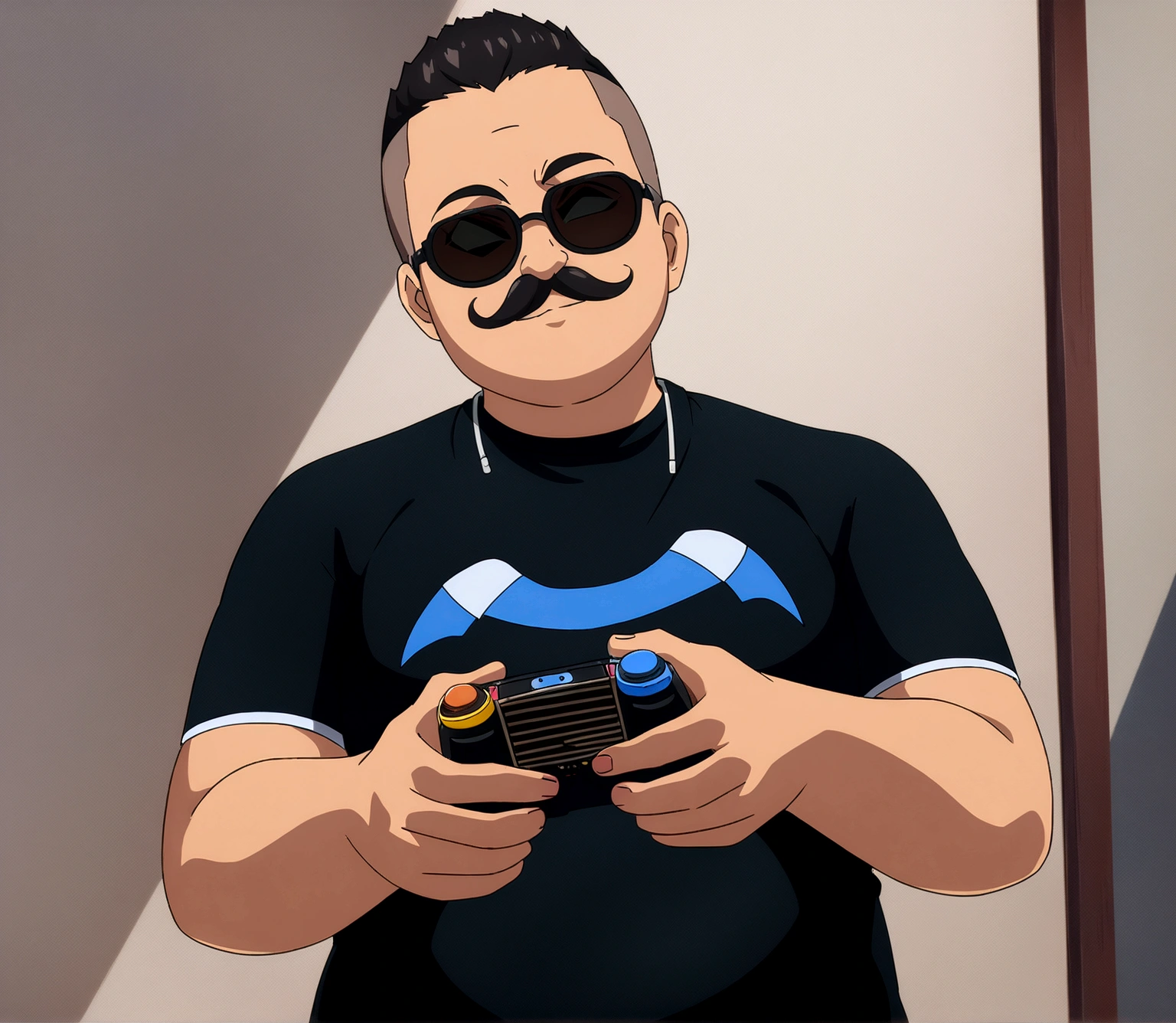 Dark-skinned man in black jacket and sunglasses standing on the street, undercut haircut, Bblack hair, holding a controller, with a full and complete mustache, natta, anime 8K foda, anime wallpaper 4k, 4K anime-style, 8K anime art wallpaper, anime wallpaper 4k, anime wallpaper 4k, 4K cartoon wallpaper, best anime 4K Konachan Wallpaper Konachan Wallpaper 4K, 4K anime art wallpaper, 4K anime art wallpaper