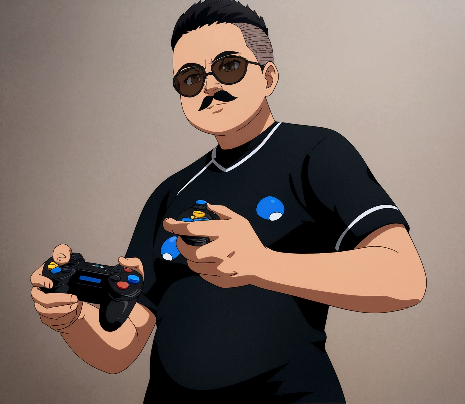 Dark-skinned man in black jacket and sunglasses standing on the street, undercut haircut, Bblack hair, holding a controller, with a full and complete mustache, natta, anime 8K foda, anime wallpaper 4k, 4K anime-style, 8K anime art wallpaper, anime wallpaper 4k, anime wallpaper 4k, 4K cartoon wallpaper, best anime 4K Konachan Wallpaper Konachan Wallpaper 4K, 4K anime art wallpaper, 4K anime art wallpaper