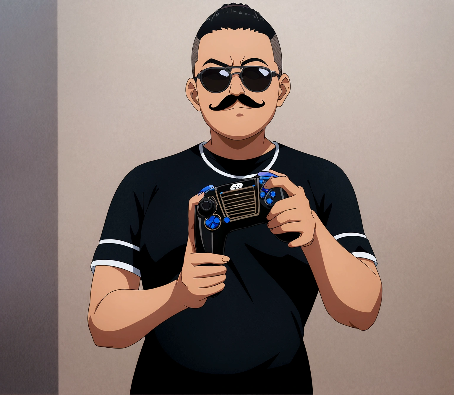 Dark-skinned man in black jacket and sunglasses standing on the street, undercut haircut, Bblack hair, holding a controller, with a full and complete mustache, natta, anime 8K foda, anime wallpaper 4k, 4K anime-style, 8K anime art wallpaper, anime wallpaper 4k, anime wallpaper 4k, 4K cartoon wallpaper, best anime 4K Konachan Wallpaper Konachan Wallpaper 4K, 4K anime art wallpaper, 4K anime art wallpaper