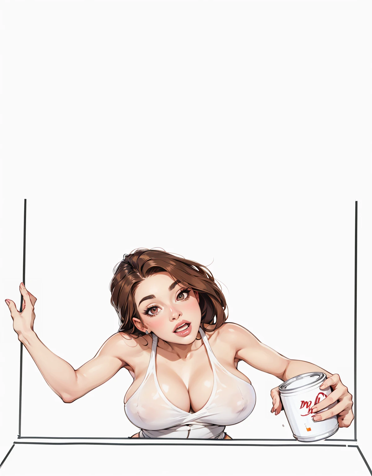 a beautiful woman artwork ultra detailed artwork, woman 32 years old beautiful face whim,very well lit perfect skin beautiful mouth lipstick with an expanding face,SURPRISE,pleasure,ultra detailed dark brown hair.Natural brightness,very hot perfect body ,very hot huge breasts big breasts ,huge breasts drawing curves( volu )regata branca volu dos mamilo,holding a can with his hand
