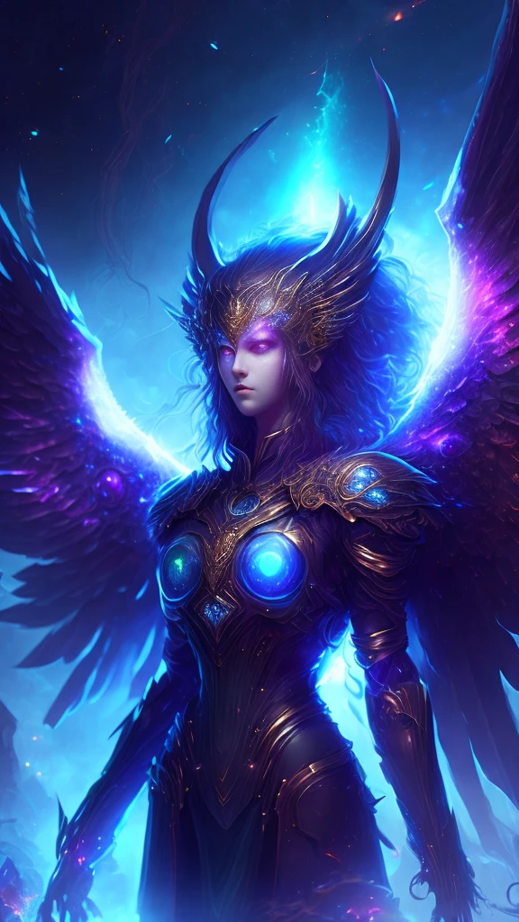 Cosmic Fallen Angel, glowing light eyes, Biomechanical, eerie, Creepy, nightmarish, Very bright colors, Light particles, with light glowing, Mshiv, wallpaper art, UHD wallpaper, ((cuerpo completo))