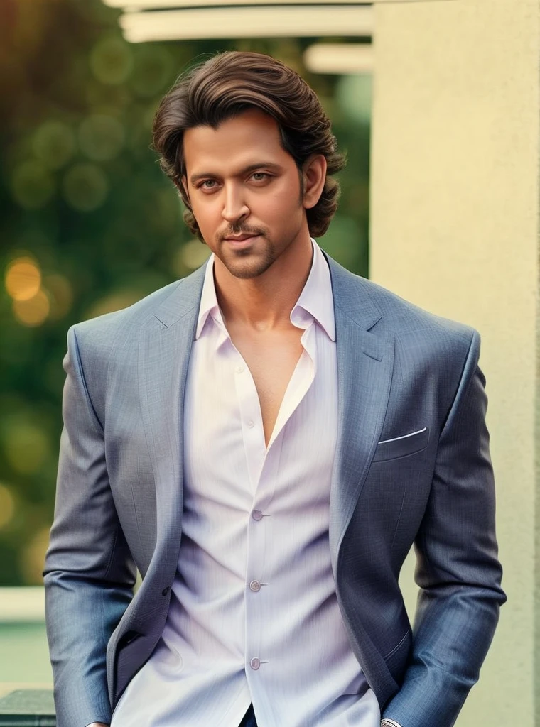 hires photo of hrro man, professional photograph, looking straight at viewer, realistic skin tones,formal suit, background bokeh, film grain