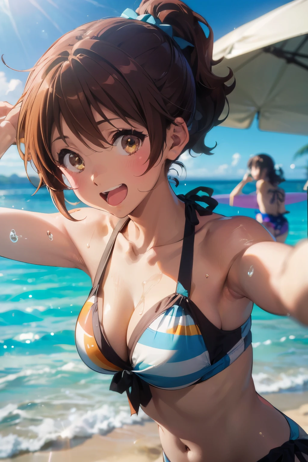 (Best image quality, 8K, high quality, High detail,masterpiece:1.2)、kumiko oumae,Oumae Kumiko,Eye Light、Face Light、Sparkling Eyes、solo、1 girl、Look at the viewer、sketch、Flat Color、2d、anime、animeカラーリング、(Beach:1.3)、Kumiko Oumae、Mid-chest、Cleavage、(Swimwear:1.3)、Laugh with your mouth open、A big smile、ponytail、Random pose、(Blur the background:1.3)、Cover your subject all over