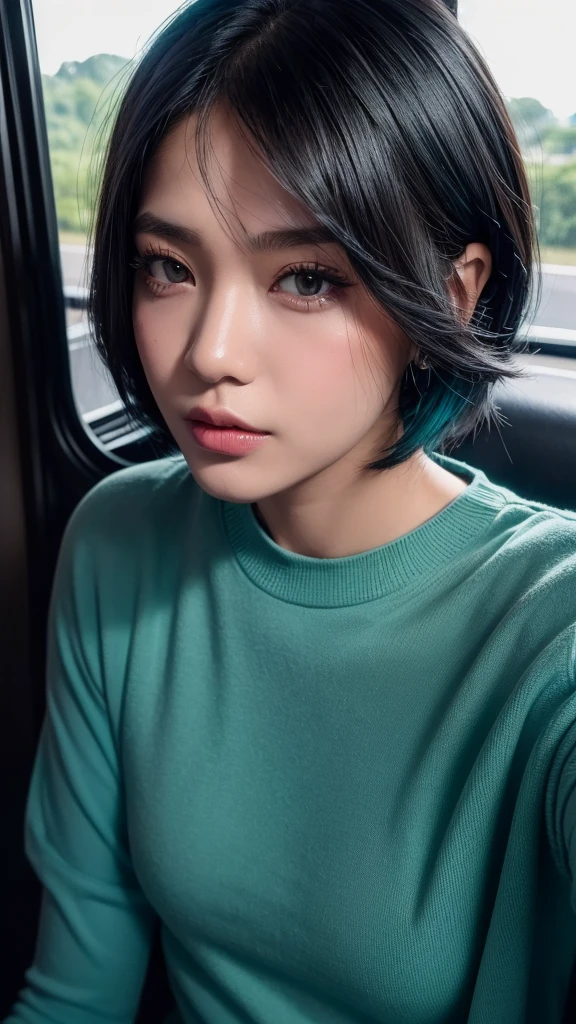 ((High quality, 8k, perfect quality, realistic)), beautiful, ((black and cyan hair color, short hair)), bedroom , selfie, staring out of the bus window, ((Indonesia)), adult, Indonesian region, ((realistic, facial texture)) 