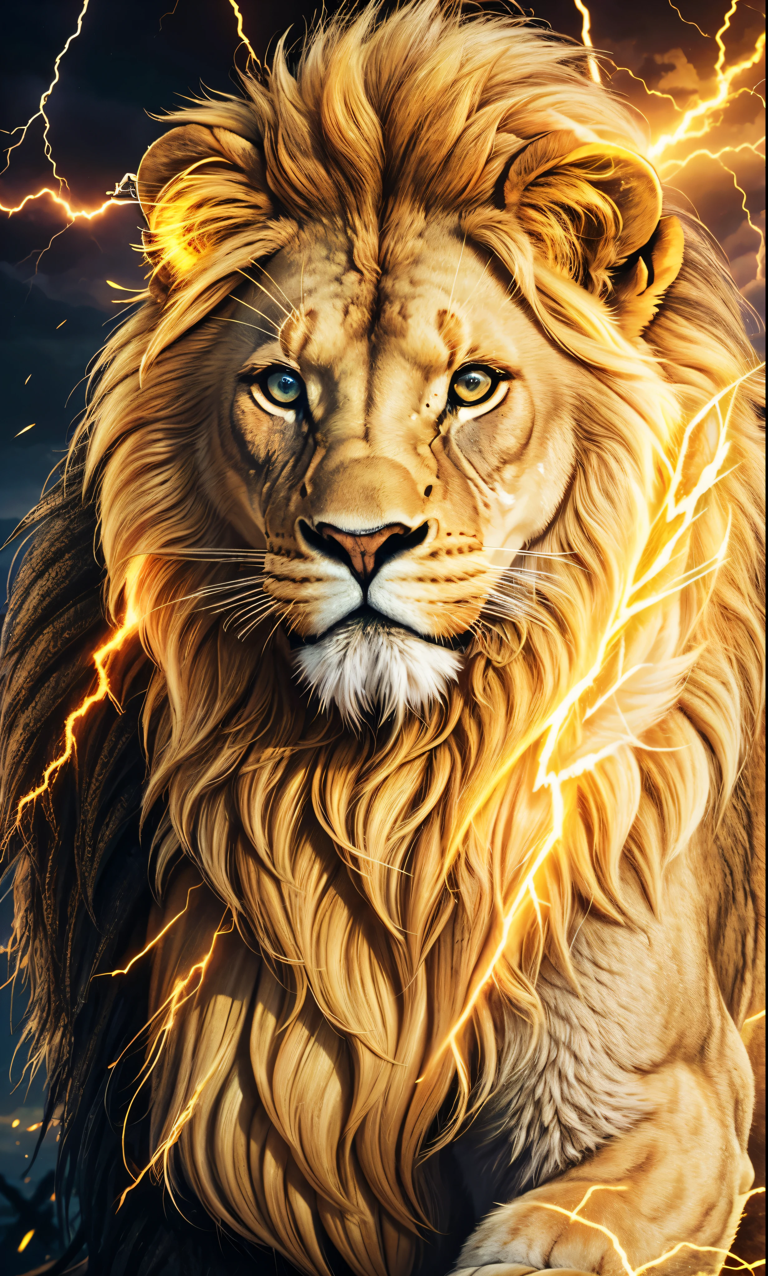 Lion, Divine Lion, naturals, thunder, Realistic Lion, rey, realistic detailed, Sunset light, sky, Sol noturno, realistic detailed 16K, Eletricidade Detalhada 8K, Darkness Background, Texturas realistas de 8K, Cores photorrealistic 8K, fire azul, realistic detailed Fire Bolt, sky Light Detailed, Power of thunder, Realistic Divine, gold color, Divine gold, Golden light, naturey, Linda, Rendering, photorrealistic, UltraHigh definition, 4K, detailed textures, thunder, detailed shadows, detailed colors, neon blue, blue light, lightning strikes, blue power, naturey Linda, Great Divine, peaceful face, naturalss, lightning strike, Electric Power Screw, detailed contrast, realistic contrast, high resolution, detailed colors, fire, villany, divine creature, 8K FullHD, realistic detailed, 16K, 8K, High definition, detailed contrast, realistic contrast, high resolution, detailed colors, fire, villany, divine creature, 8K Realistic Lion Face, realistic detailed, chic, elegance