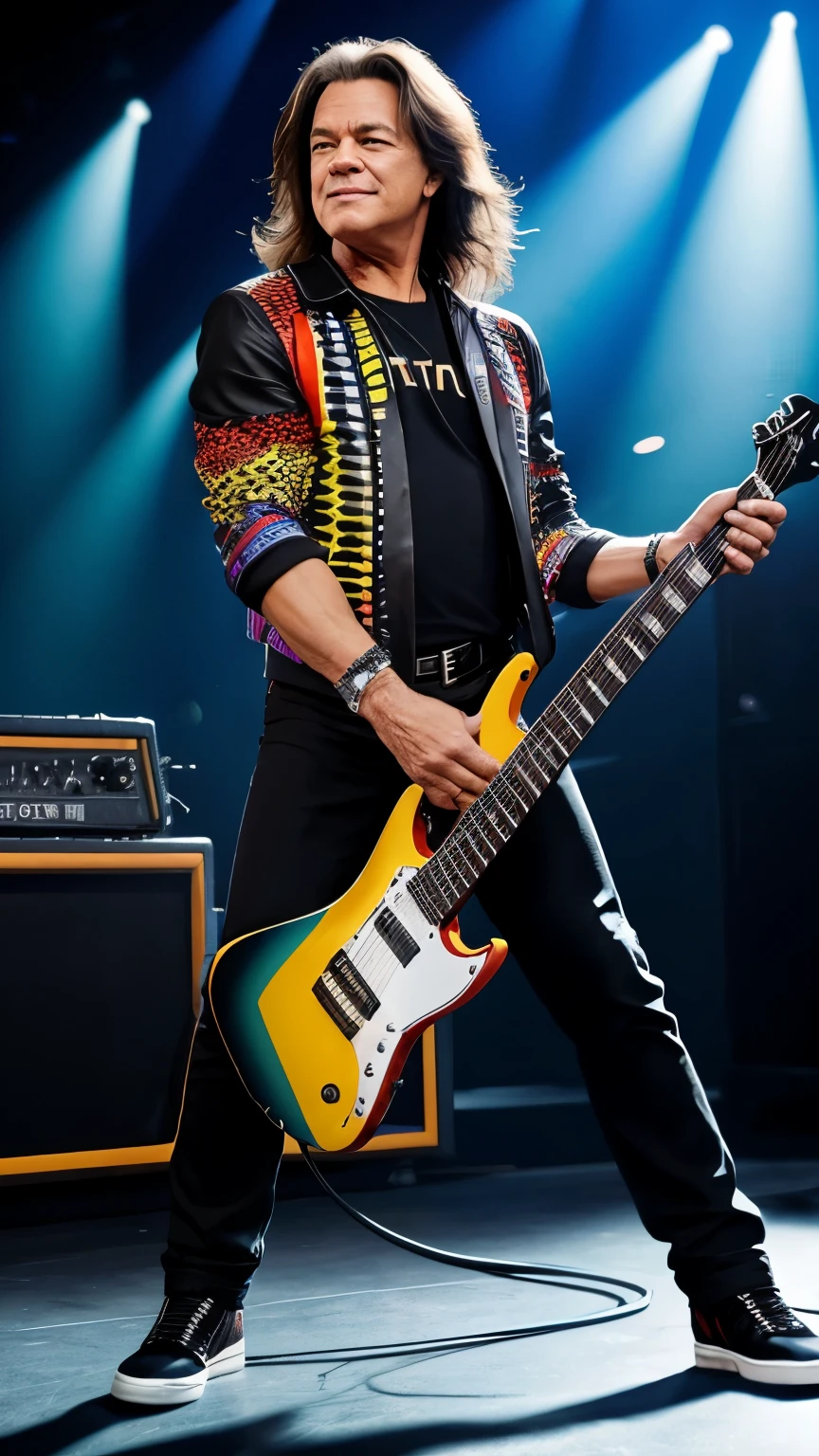 eddie Van halen, ON STAGE PLAYING ELETRIC GUITAR, STAND FULL BODY,MULTI COLOR JACKET,WHYTE PENTS. 8k, realista. semelhanca mais apromorada, uhd
