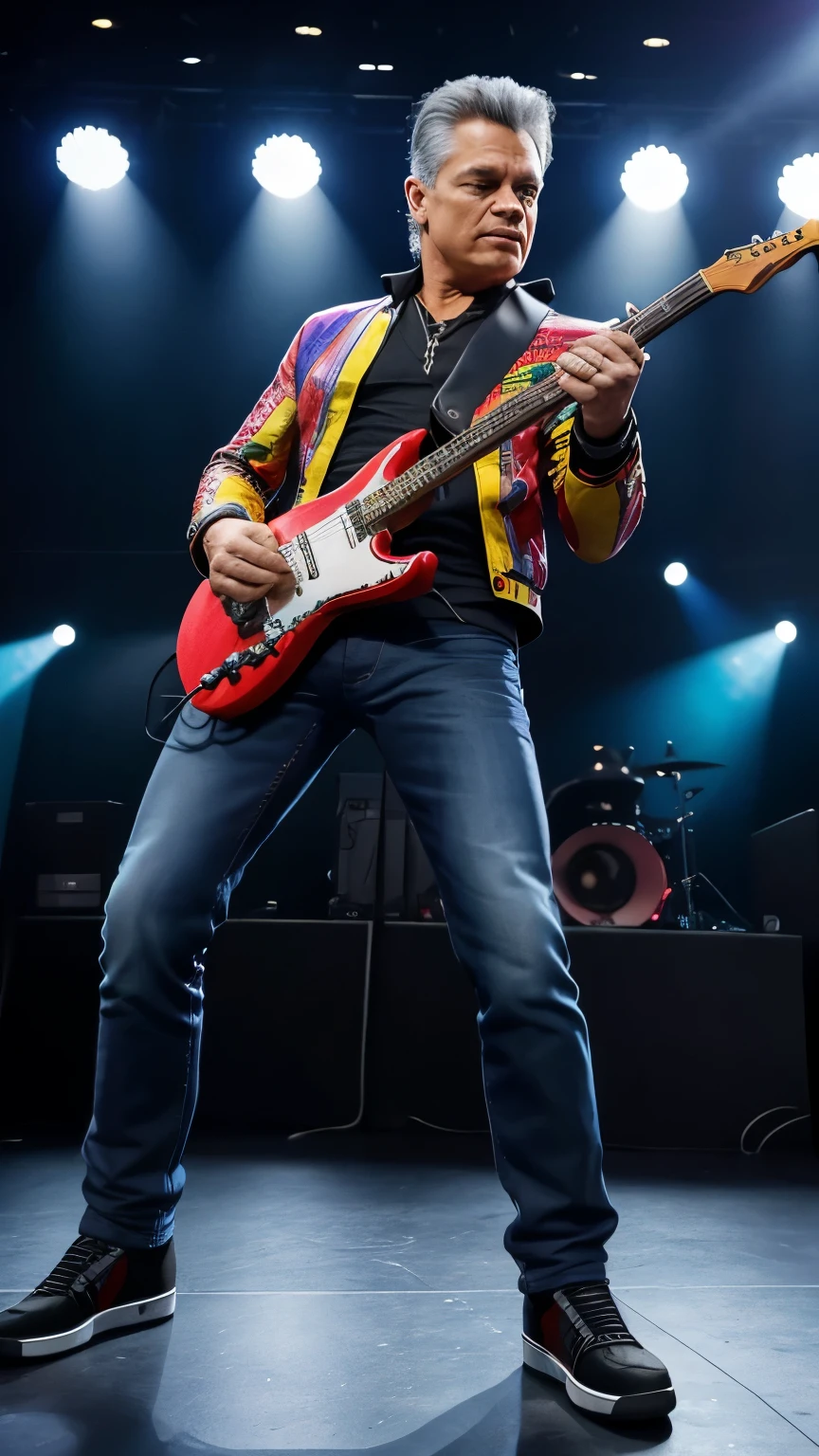 eddie Van halen, ON STAGE PLAYING ELETRIC GUITAR, STAND FULL BODY,MULTI COLOR JACKET,WHYTE PENTS. 8k, realista. semelhanca mais apromorada, uhd
