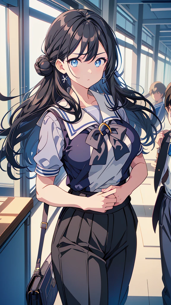 best quality, extremely detailed, anime style adult 1girl, long hair down to the waist, straight hair, ((dark black hair with bluish)),under bun,beautiful detailed eyes, pinched eyes, dark blue eyes, huge breasts,curvy,((((boys' school uniform)))),((((trousers)))),Clothes with a lot of cloth area,masculine attire,handsome,((school corridor))