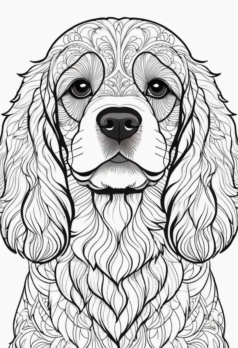 happy white and black cocker spaniel, Simplified Mandala style, outline, vector, white background