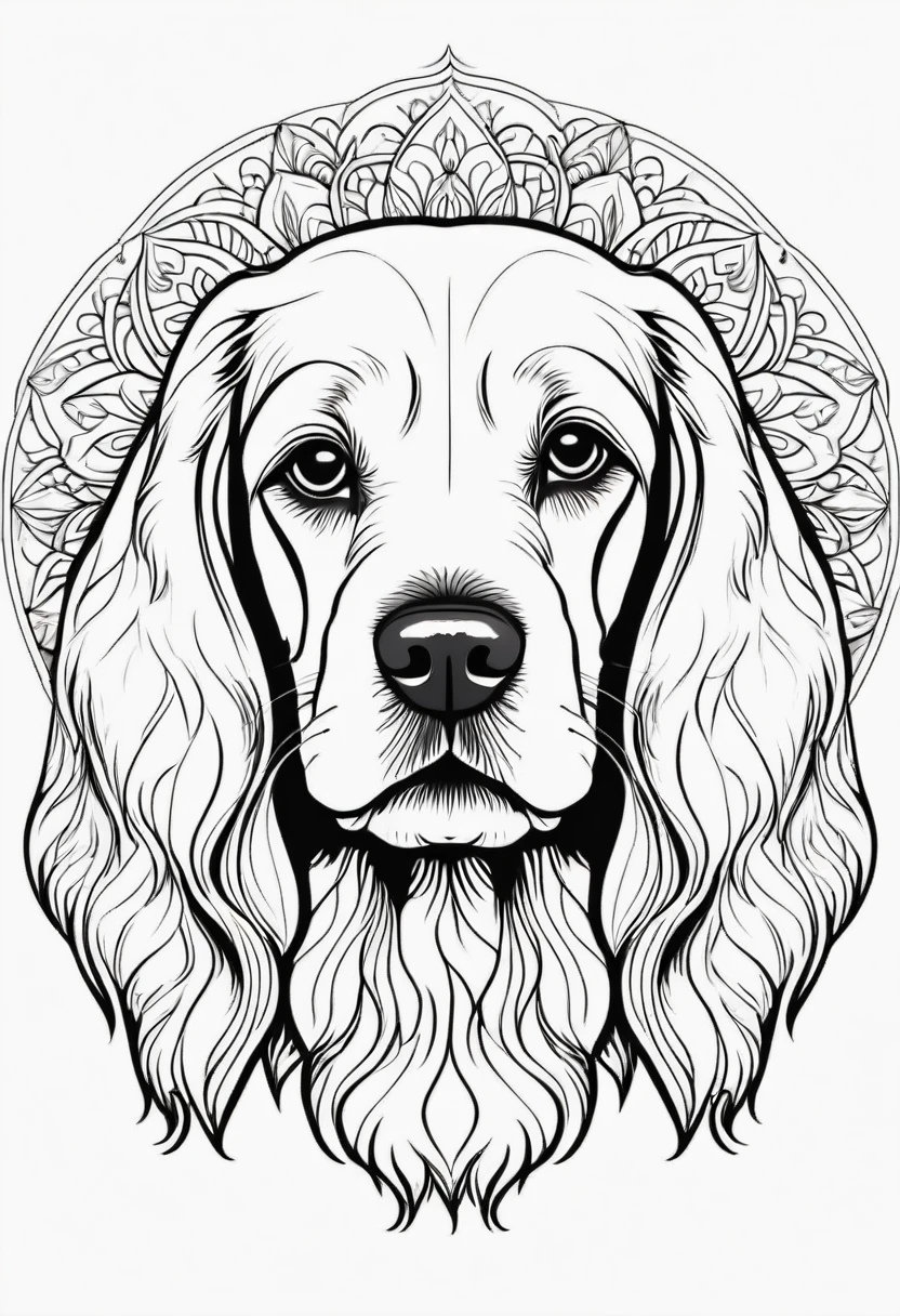 happy white and black cocker spaniel, Simplified Mandala style, outline, vector, white background