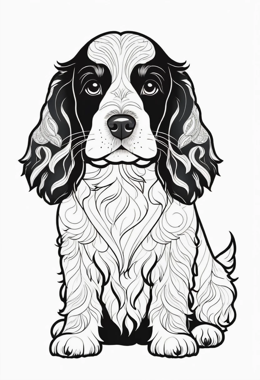 happy white and black cocker spaniel, Simplified Mandala style, outline, vector, white background