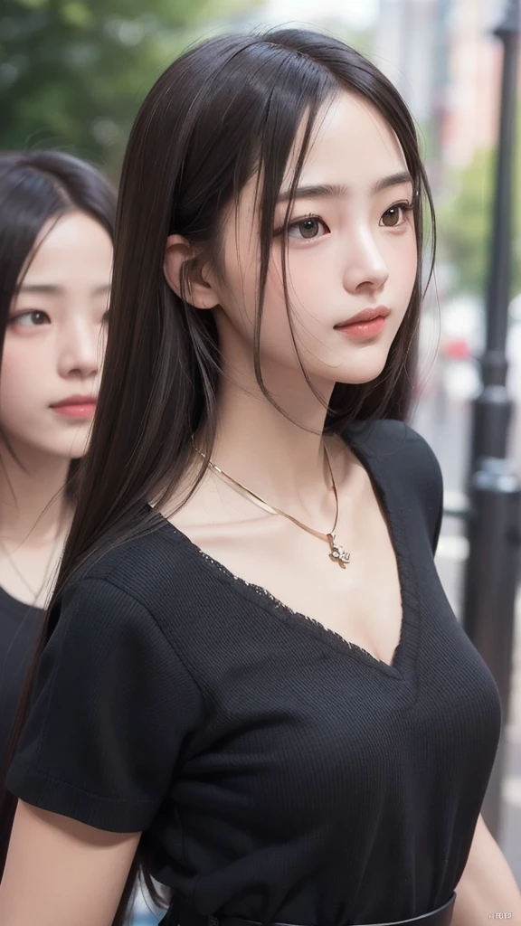 Photorealistic, masutepiece, best quality, raw image, 1girl in, single, long hair, The best hair details, brown hair, Realistic faces, The face has the best detail., charming face, ((Feeling shy)), Black shirt with collar, Medium to quite large breasts, dynamic gesture, (Beautiful figure), (Beautiful figure), (Slim figure), (Good figure, slender, slim, good figure), looking at the audience, from below, Detailed background, great details, complicated details, Ray tracing, depth of field, lowkey, nffsw