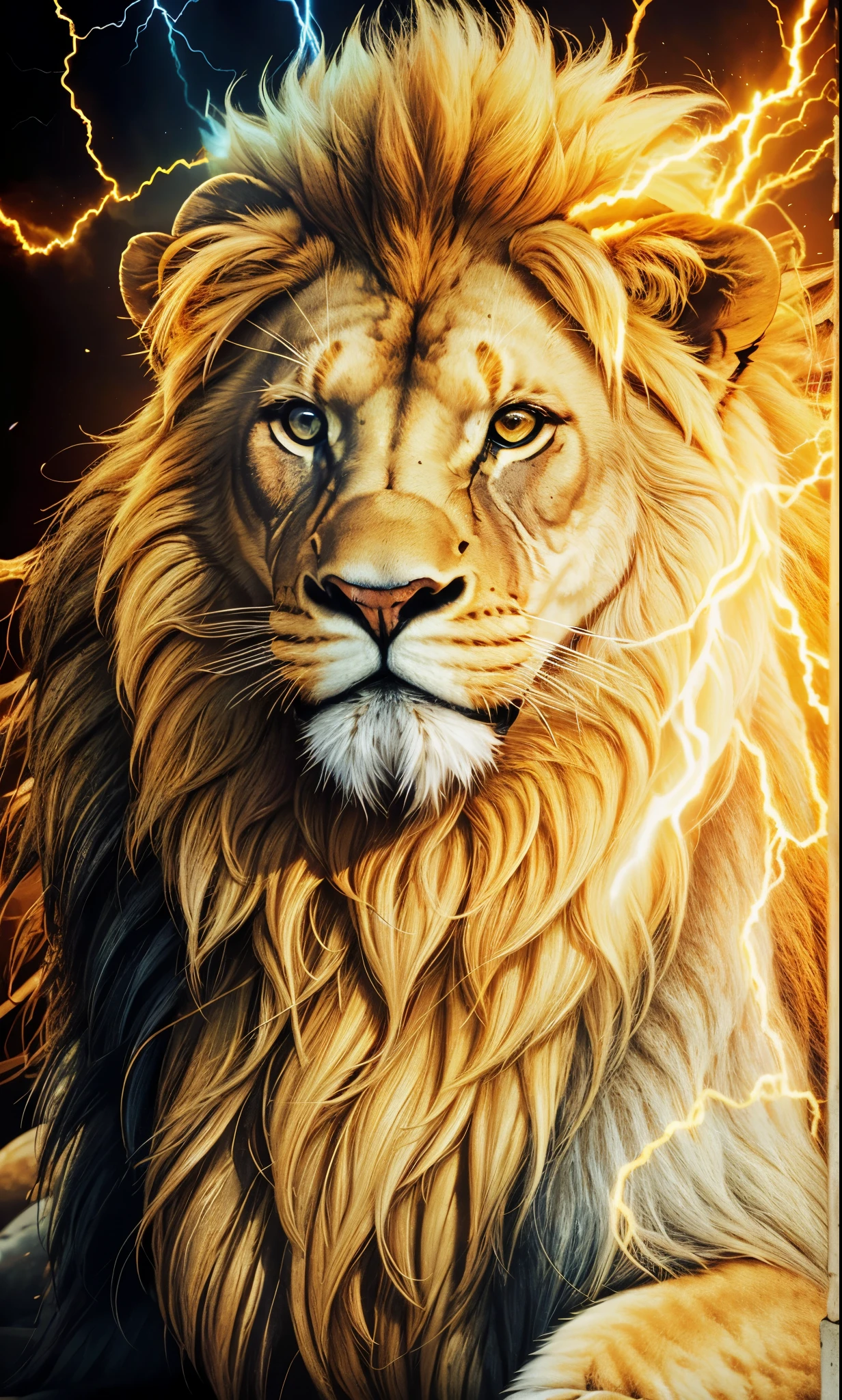 Lion, Divine Lion, naturals, thunder, Realistic Lion, rey, realistic detailed, Sunset light, sky, Sol noturno, realistic detailed 16K, Eletricidade Detalhada 8K, Darkness Background, Texturas realistas de 8K, Cores photorrealistic 8K, fire azul, realistic detailed Fire Bolt, sky Light Detailed, Power of thunder, Realistic Divine, gold color, Divine gold, Golden light, naturey, Linda, Rendering, photorrealistic, UltraHigh definition, 4K, detailed textures, thunder, detailed shadows, detailed colors, neon blue, blue light, lightning strikes, blue power, naturey Linda, Great Divine, peaceful face, naturalss, lightning strike, Electric Power Screw, detailed contrast, realistic contrast, high resolution, detailed colors, fire, villany, divine creature, 8K FullHD, realistic detailed, 16K, 8K, High definition, detailed contrast, realistic contrast, high resolution, detailed colors, fire, villany, divine creature, 8K Realistic Lion Face, realistic detailed, chic, elegance