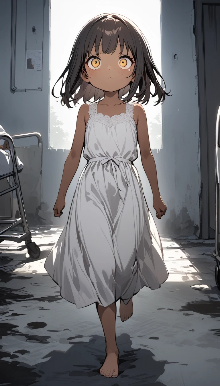 ((use white, black and red)) ((high quality)) masterpiece,top-quality,horror,midnight, 1 girl, , dark redhair, long silky hair, yellow eyes, tan skin, freckles,barefoot, plain white lace Gown, in a abandoned hospital, horror, kid, body, horror cinematic, :<, scared, running, Scared、Overall dark、flash lights