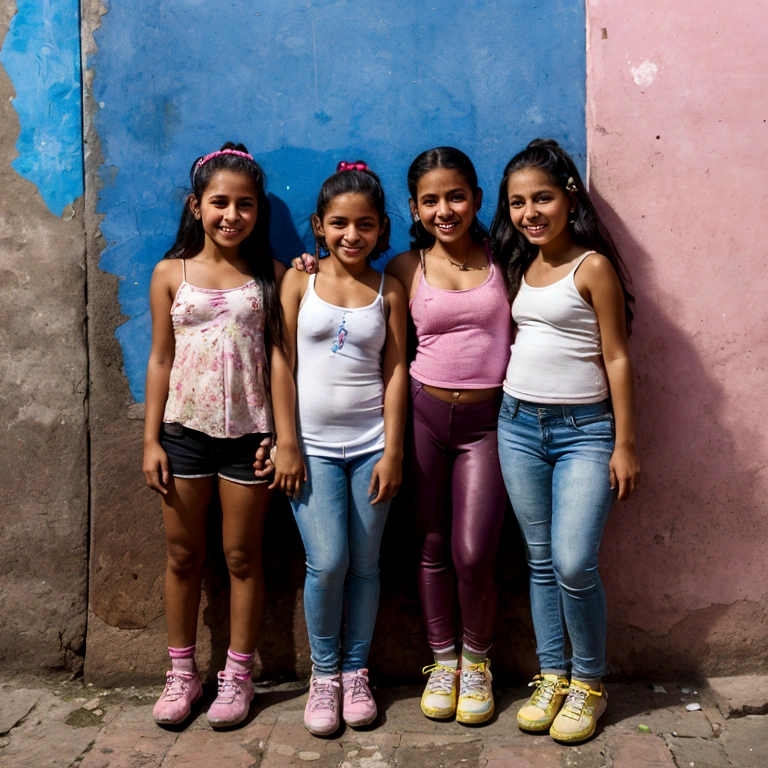 photoreal portrait of 3 happy Colombian girls  in Comuna 13, medellincolombia, fully clothed, 
