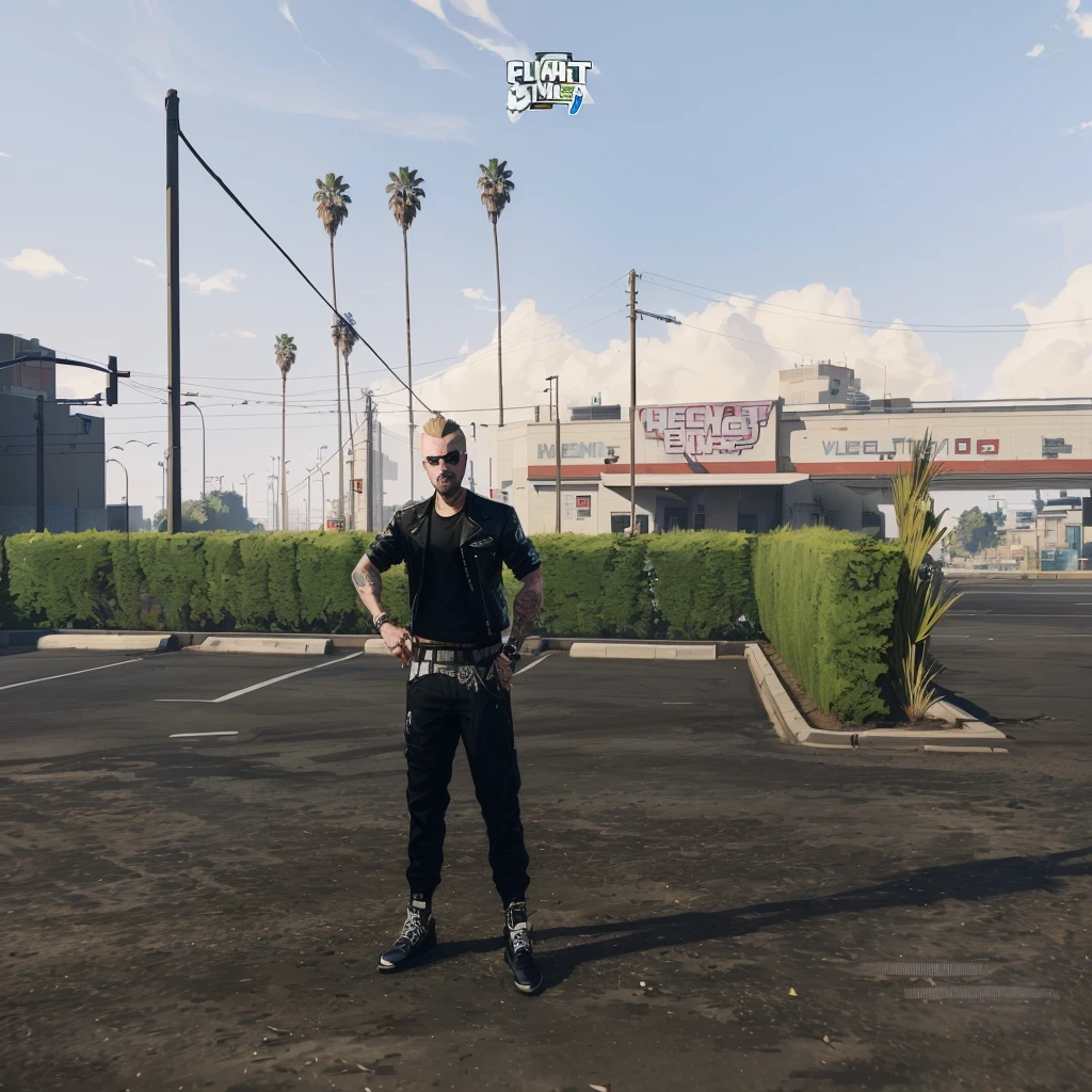 there is a man standing in a parking lot with a baseball bat, mechanical punk clothing, style of gta v, like a GTAV character, GTA 6 style, GTA5 style, gta character, estilo gta V, gta v street style, gta style, gta character v, gta art style, Jesse Pinkman em GTA V, grand theft auto style