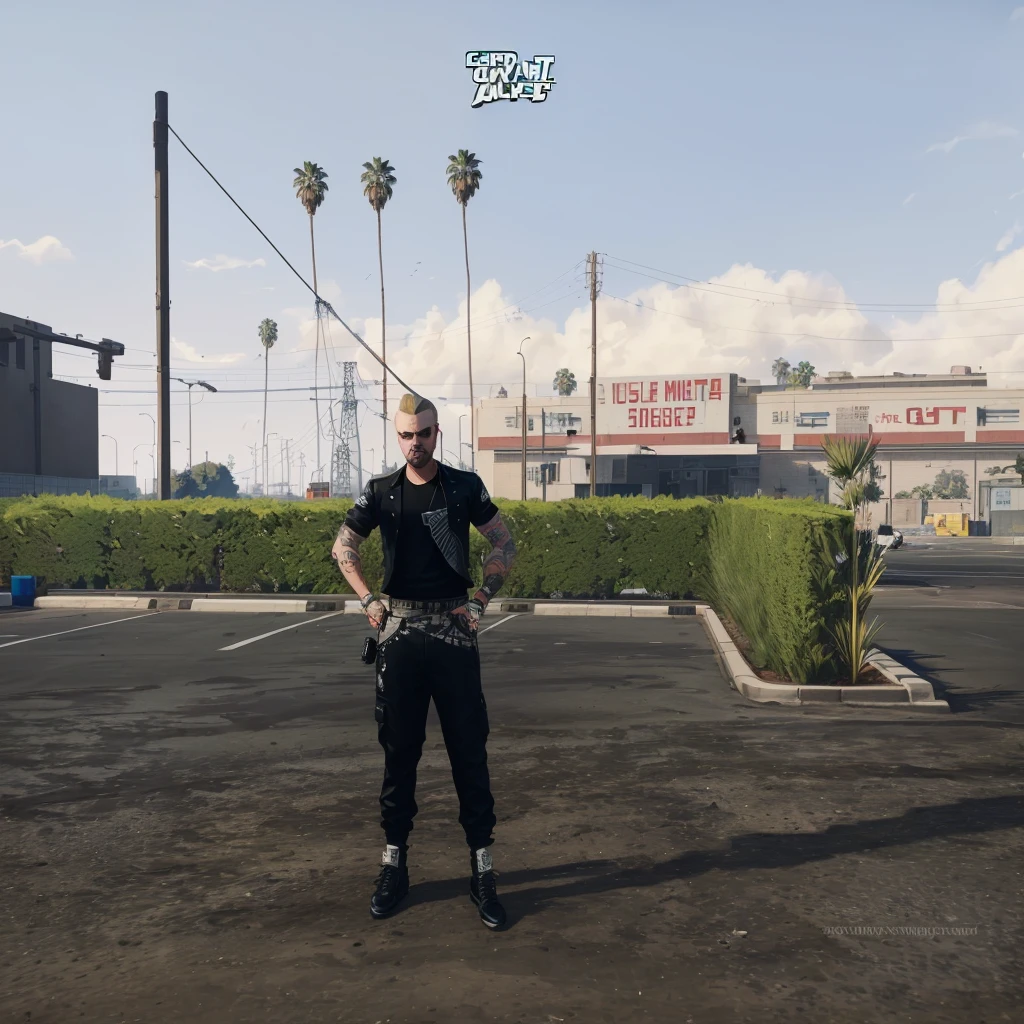 there is a man standing in a parking lot with a baseball bat, mechanical punk clothing, style of gta v, like a GTAV character, GTA 6 style, GTA5 style, gta character, estilo gta V, gta v street style, gta style, gta character v, gta art style, Jesse Pinkman em GTA V, grand theft auto style