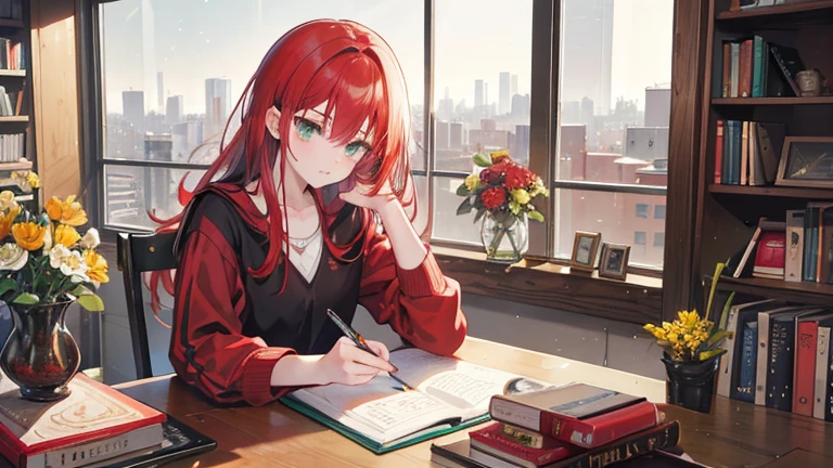 Kizi, 18-years old, red hair, greeneyes, writing in notebook on your study table, in your room, next to large window overlooking the city. On the table there are 2 books and a cup of tea and his little cat. on the shelf with books there is a small vase with flowers.