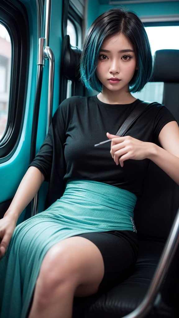 ((High quality, 8k, perfect quality, realistic)), beautiful, ((black and cyan hair color, short hair)), bedroom , selfie, staring out of the bus window, ((Indonesia)), adult, Indonesian region, ((realistic, facial texture)) Selfie photo with selfie stick
