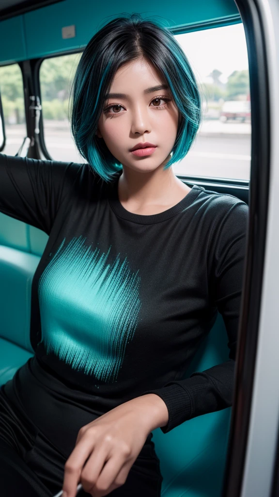 ((High quality, 8k, perfect quality, realistic)), beautiful, ((black and cyan hair color, short hair)), bedroom , selfie, staring out of the bus window, ((Indonesia)), adult, Indonesian region, ((realistic, facial texture)) Selfie photo with selfie stick