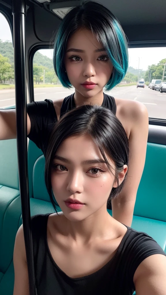 Professional photography, 16K, ultra realistic, super detailed, high resolution, best quality, head: 1.3, (Korean K-pop idol), pale-cyan hair, short hair, pale-white skin, illuminated skin, realistic shading, realistic textures, sharp focus, ( cinema lighting), clavicle, Morning, soft light, dream aesthetic, dream atmosphere, dynamic angle, [: (face detail:1.2):0.2], natural big breasts, tight slit, red dress, hot slim, mid-chest, cleavage, body whole, blurred background, different positions in various types of angles. 