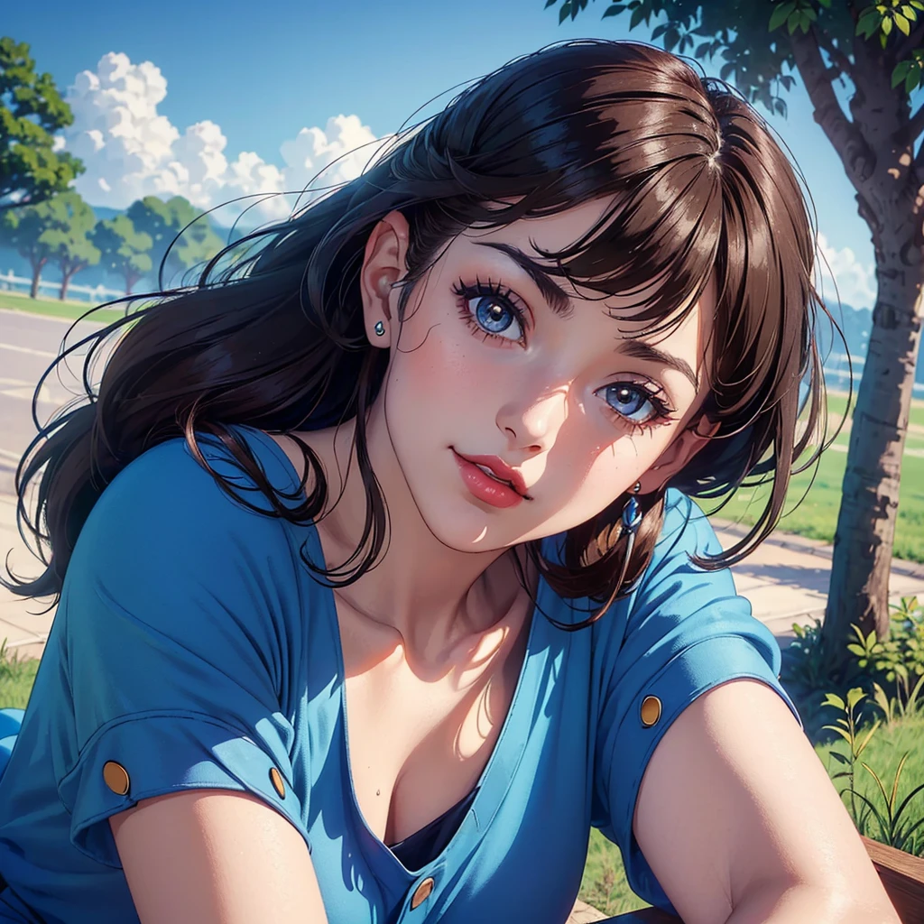 (((Masterpiece ,Best Quality, Highest quality realistic retro anime....))),(((as Seiyo Yūtō(Pokémon)angelic ))), blue dress, top wo nerae!, 1 girl, alone, ((hyper realistic long dark brown )), looking at the viewer, SMILE, Hits,shirt ((Very detailed and realistic reddish brown eyes)), Closed mouth, dark brown hair , exterior, sky, day, cloud, tree, blue sky, lips, separate blows, eyelashes, make up, light SMILE, lipstick, portrait, close up, ((retro Best Quality, hyper realistic highest quality artEstiloo)), 1980s ,((fine dark brown fine hair with very real details))exterior, sky, day, cloud, tree, blue sky, lips, separate blows, eyelashes, make up, light SMILE, lipstick, portrait, close up, ((retro Best Quality, hyper realistic highest quality artEstiloo)), 1980s (realistic style)