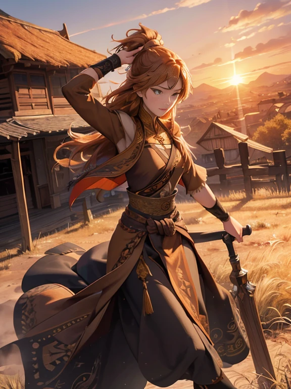 super low angle shot,beautiful Anna warrior woman,orange long hair,sweating,scratches,shout
riding a black Morgan horse is legs raised into the air,a brown cloth,wearing a batik patterned trouser loincloth and a thin brown shawl,holding a spear,shoulders wearing ethnic patterned gold accessories,background of thousands of enemies sleeping on the floor,battlefield,mountains,grass,smoke,ultra detailed on face,light focused on face,sunset,hyperrealistic,UHD32K.