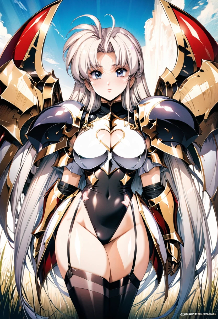 ((highest quality)), ((masterpiece)), ((hyperrealistic)), (detailed background), anime style, solo, 1girl, ((langrisser)), ((curvy: 1.2)), kawaii, ((armor dress: 1.3)), white long hair, ahoge, forehead, parted bangs, (white paladin armor), ((black leotard: 1.3)), ((heart cutout black leotard: 1.3)), ((large breasts)), ((breastplate)), (corset), (zettai ryouiki black knee socks), ((gauntlet)), (big butt), (thighs), (groin), garter straps, beautiful eyes, perfect face, Perfect hands, perfect fingers, Blue sky and grassland,