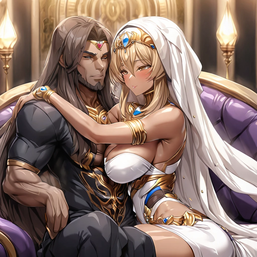 ((Highest quality)), ((masterpiece)), (detailed), (Perfect Face)、The woman is Katsuragi Marina, a Muslim Egyptian with vivid brown skin. She is wearing a gorgeous and glittering garabeya, a gorgeous hijab, gorgeous jeweled accessories and an engagement ring in a luxurious Egyptian mansion. The woman and the man are sitting on a gorgeous and large sofa in the luxurious room, and the woman is passionately embracing and passionately deep kissing the dignified and bearded middle-aged man wearing Egyptian traditional clothing, making passionate love as a married couple.、The woman is the elegant Marina Katsuragi, a Muslim Egyptian with brown, semi-long hair, wearing a gorgeous and glittering galabeya and a gorgeous hijab.、(The woman is a brown-skinned Egyptian named Marina Katsuragi.)、The man is a dignified, muscular, bearded, middle-aged Egyptian Muslim man wearing a galabeya