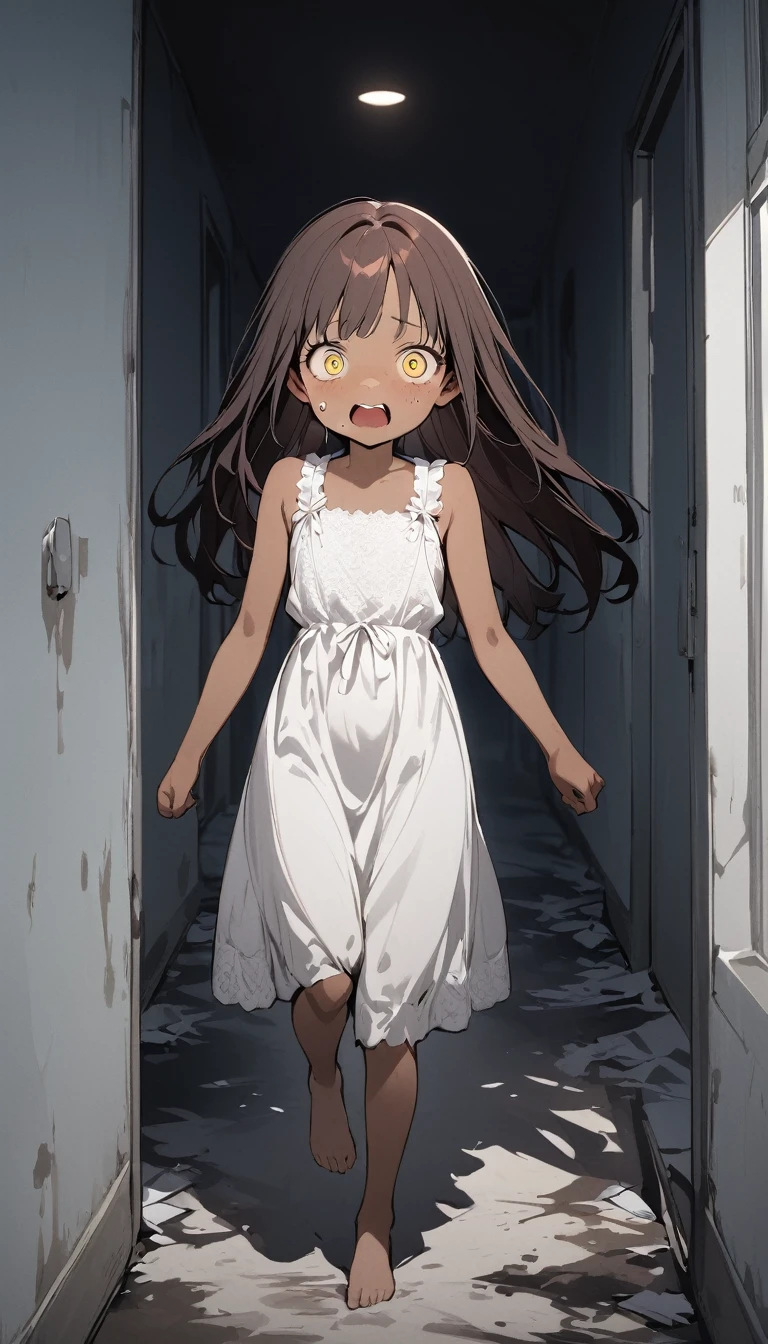 ((use white, black and red)) ((high quality)) ​masterpiece,top-quality,horror,midnight, 1 girl, 10 years old, dark redhair, long silky hair, yellow eyes, tan skin, freckles,barefoot, plain white lace Gown, in a abandoned hospital, horror, ???, body, horror cinematic, scared, running, sobbing、Overall dark、flash lights