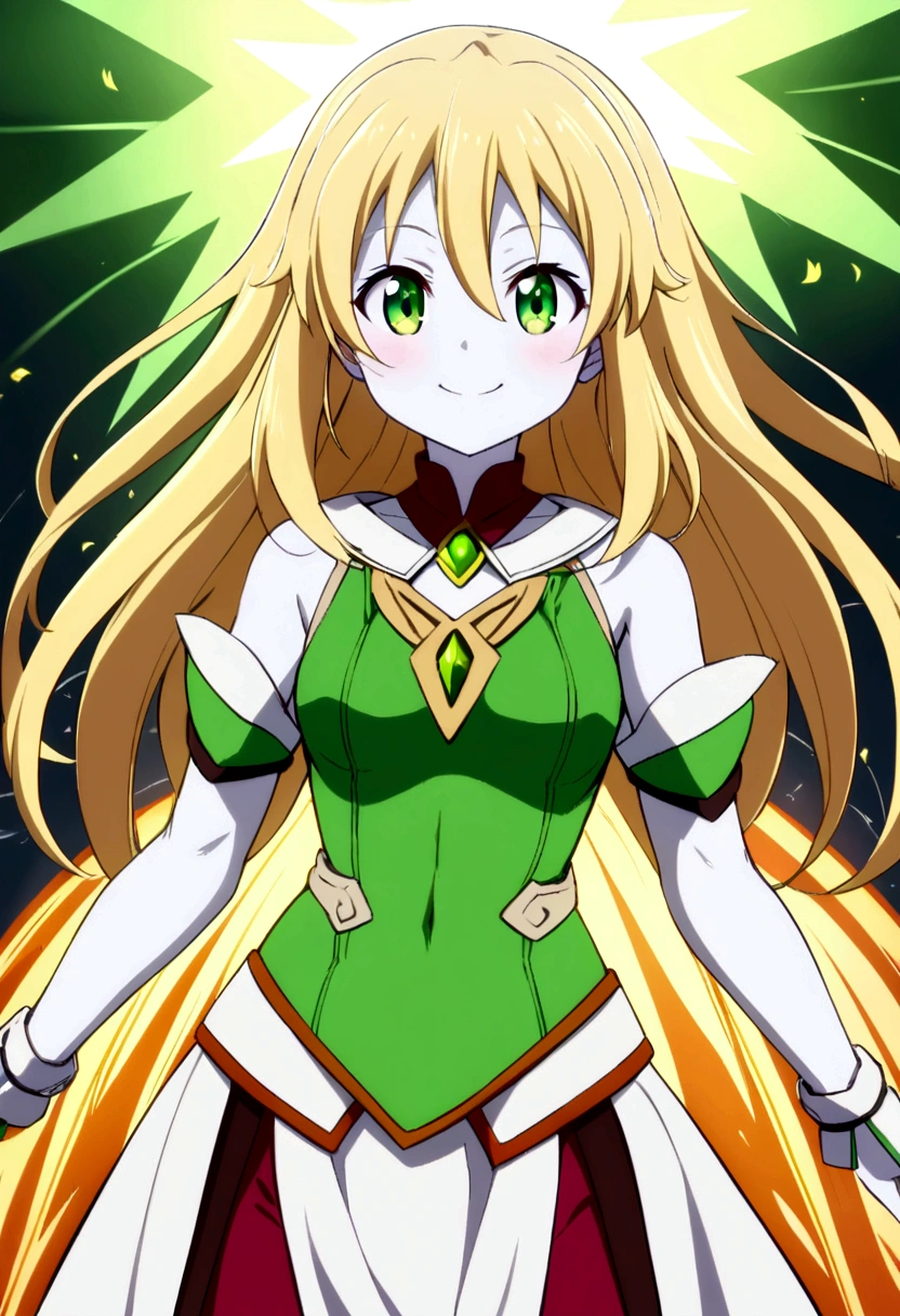 Boku no herl style anime girl, with long wavy blonde hair, emerald green eyes, pale skin, radiant smile, and a kind personality