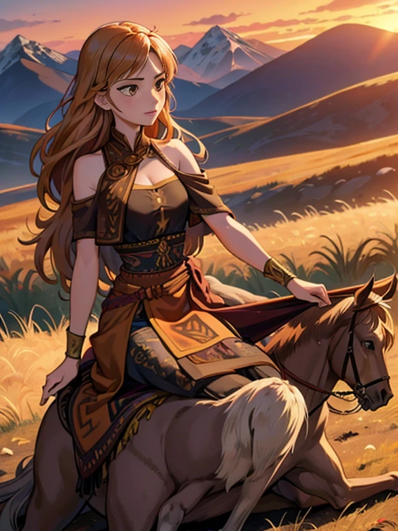 super low angle shot,beautiful Anna warrior woman,orange long hair,sweating,scratches,shout riding a black Morgan horse is legs raised into the air,a brown cloth,wearing a batik patterned trouser loincloth and a thin brown shawl,holding a spear,shoulders wearing ethnic patterned gold accessories,background of thousands of enemies sleeping on the floor,battlefield,mountains,grass,smoke,ultra detailed on face,light focused on face,sunset,hyperrealistic,UHD32K.